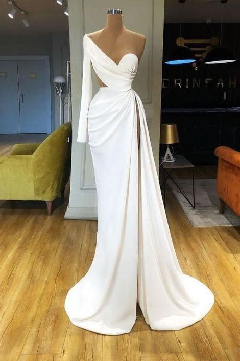 White One Shoulder Long Sleeve Sweetheart Mermaid Prom Dress with Split BM bride