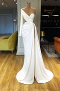 White Long Sleeve Sweetheart Mermaid Prom Dress One Shoulder With Split BMBRIDE