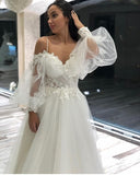 A-Line Off-the-Shoulder Long Sleeve Spaghetti Strap Wedding Dress with Lace Appliques and Tulle BM bride