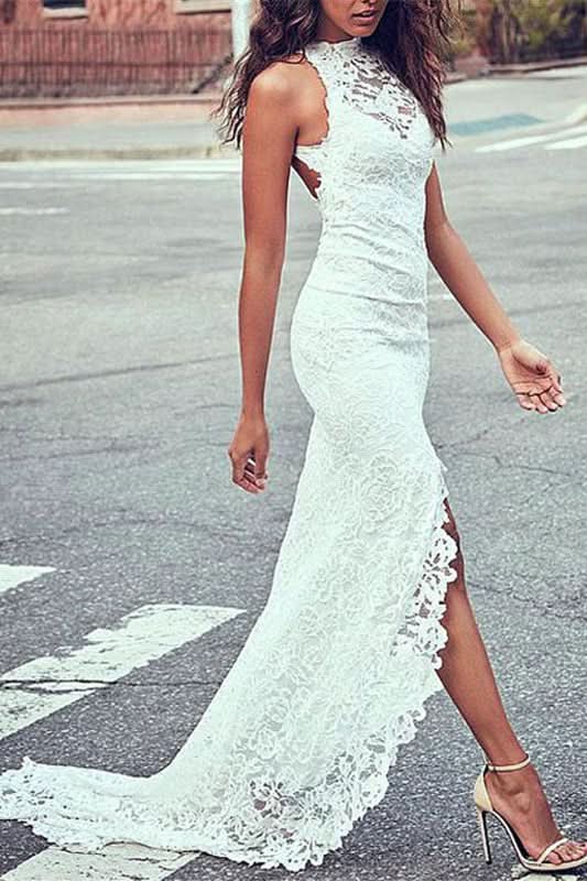 High Neck Lace Summer Beach Wedding Dress BM bride