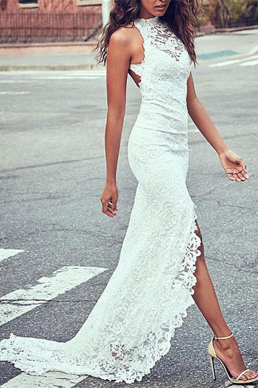 High Neck Lace Summer Beach Wedding Dress BM bride