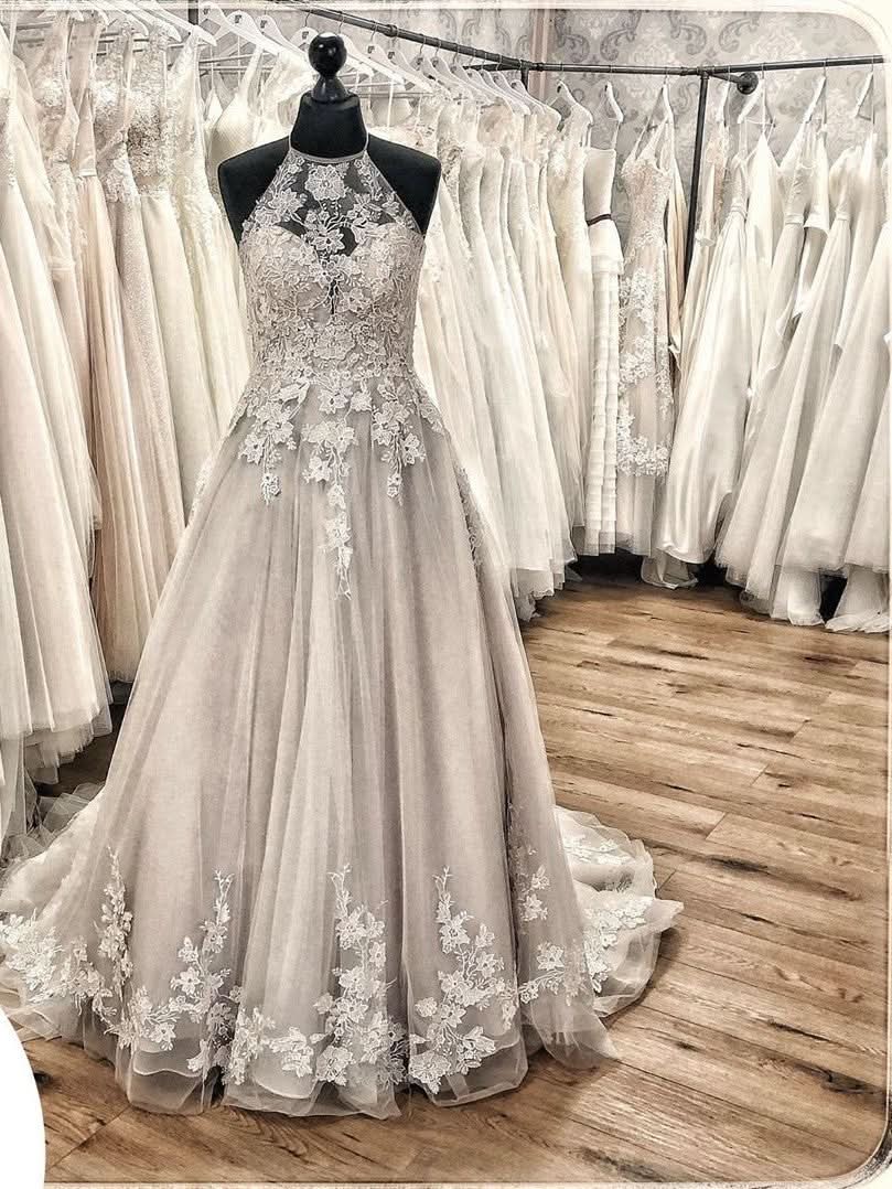 Halter Backless A-Line Wedding Dress with Lace Appliques, Train, and Tulle Ruffles BM bride