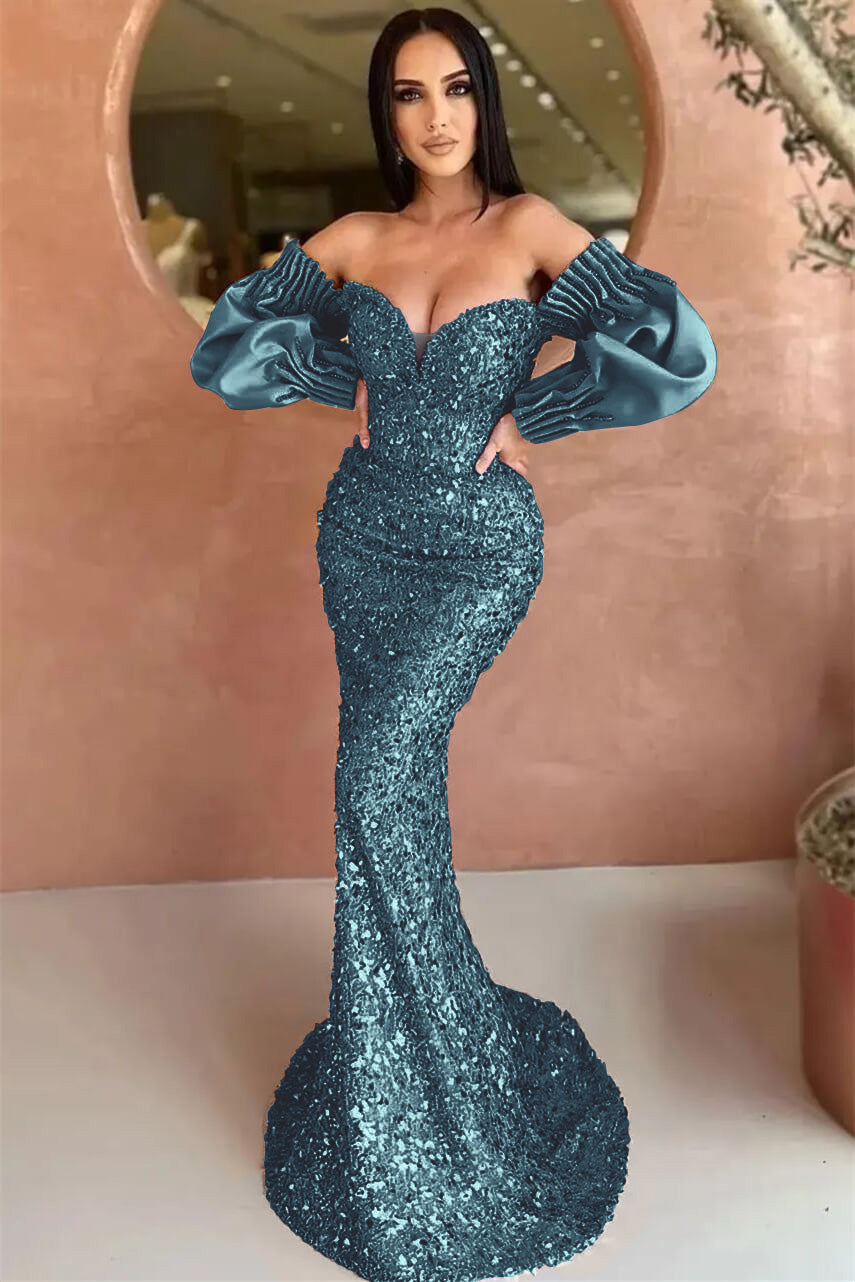 Off-The-Shoulder Mermaid Long Sleeve Evening Dress with Sequins BM bride