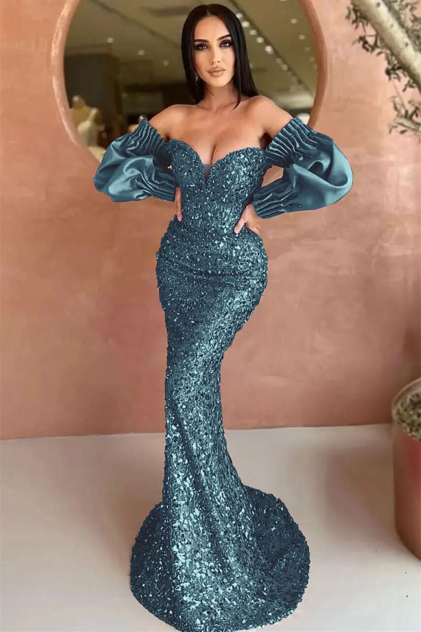 Off-The-Shoulder Mermaid Long Sleeve Evening Dress with Sequins BM bride