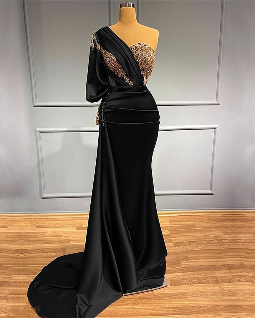 Dark Green One-Shoulder Beaded Mermaid Prom Dress with Appliques BM bride