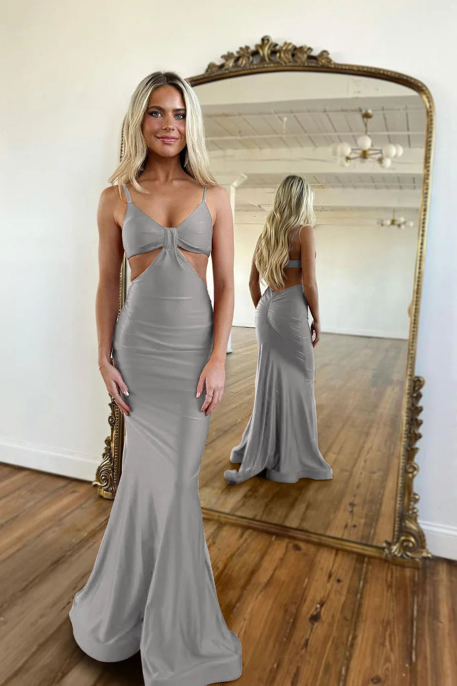 Red Waistless Sleeveless Tight Fitting Spaghetti Strap Mermaid Prom Dress BMBRIDE