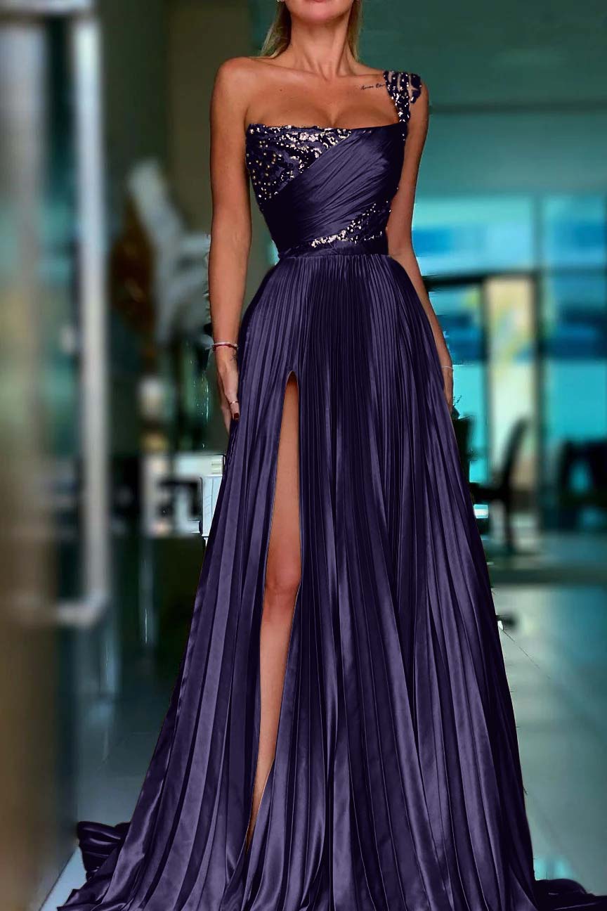 One Shoulder Sleeveless Long Prom Dress With High Split Sequins BMBRIDE