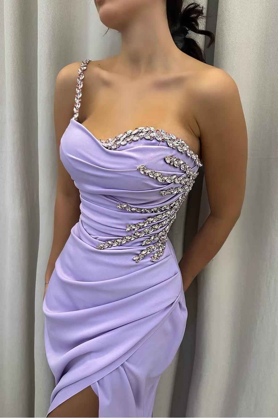 One Shoulder Sleeveless Long Mermaid Split Prom Dress With Beading