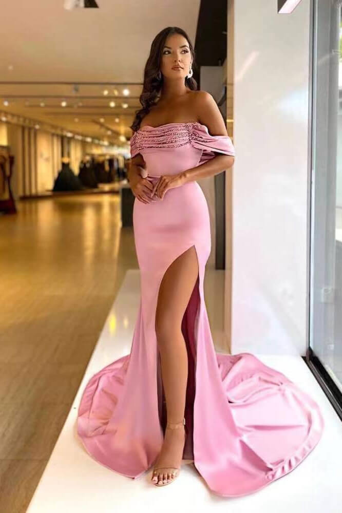 Pink Purple Off-the-Shoulder Beaded Mermaid Prom Dress with Split BM bride