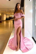 Pink Purple Off-the-Shoulder Beaded Mermaid Prom Dress with Split BM bride