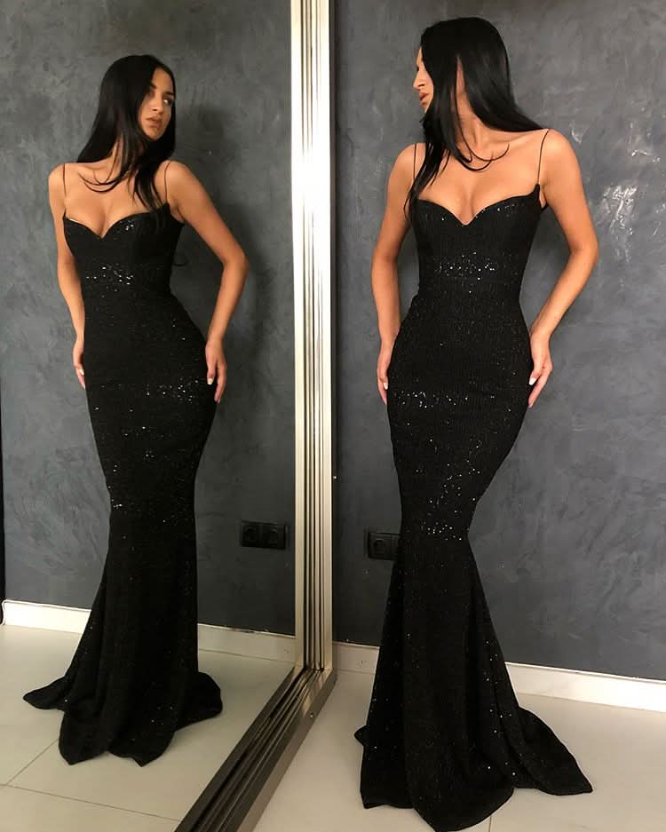 Elegant Black Spaghetti-Straps Mermaid Prom Dress with Sequins BM bride