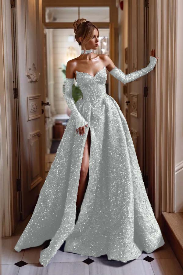 Strapless Sleeveless Long Split Prom Dress With Sequins Detachable sleeves