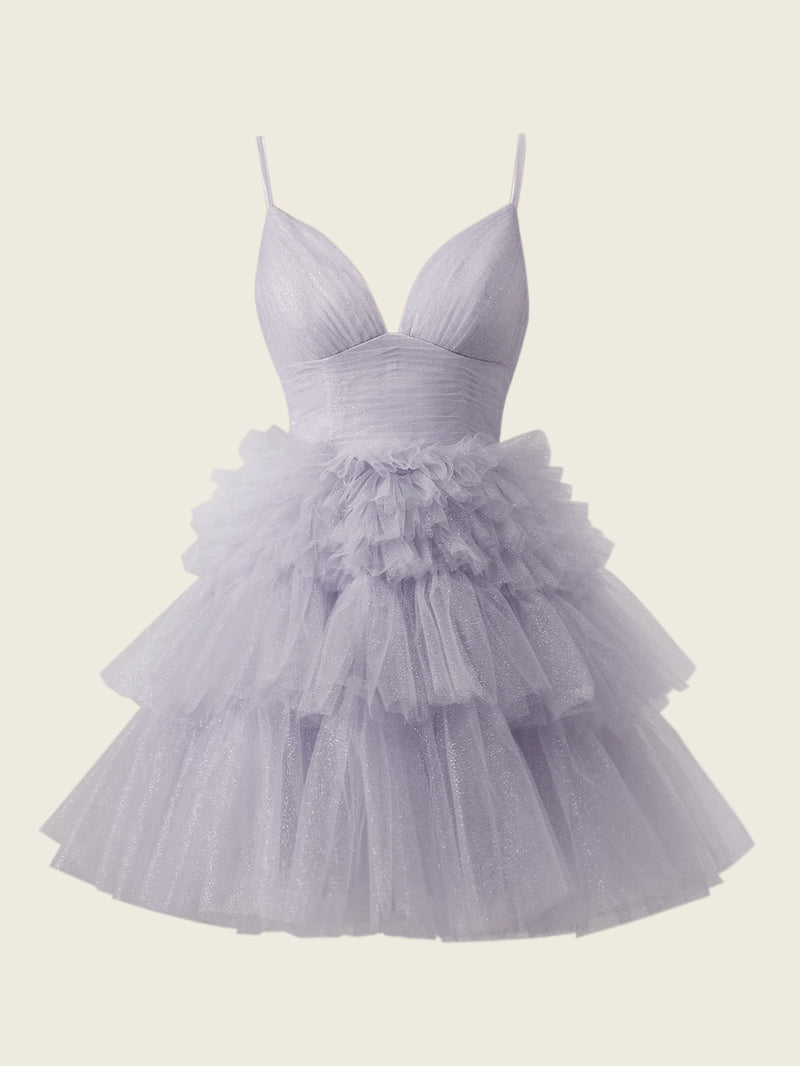 Deep V Neck Tiered A-Line Short Homecoming Dress BM bride