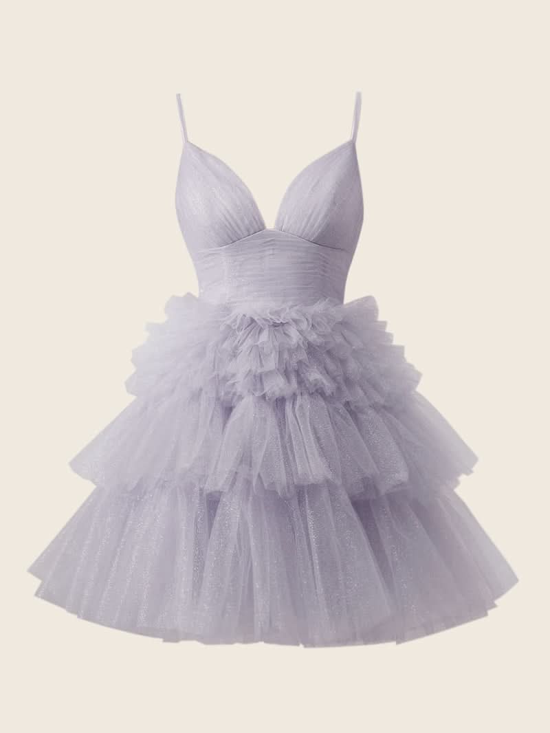 Deep V Neck Tiered A-Line Short Homecoming Dress BM bride