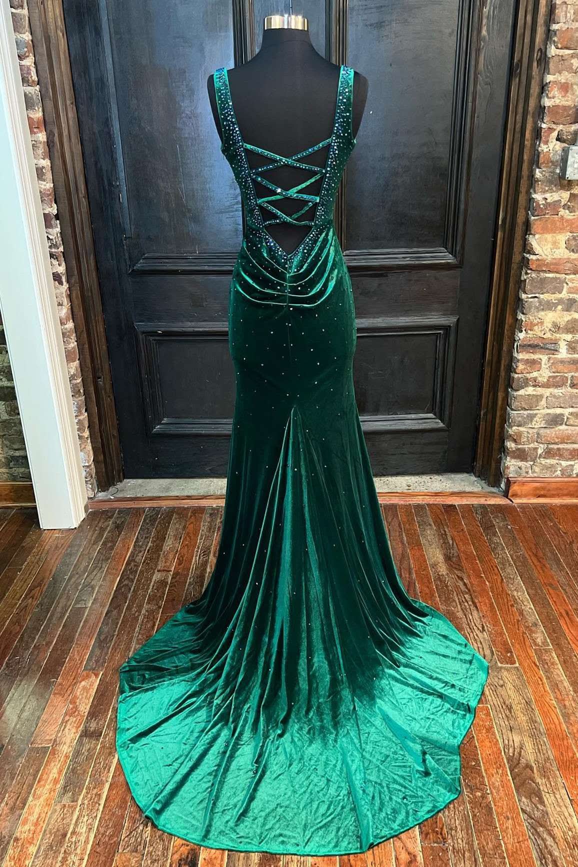 Fashionable Emerald Velvet V-Neck Cutout Back Mermaid Long Formal Dress BM bride