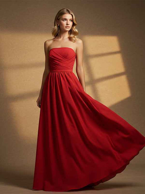 Elegant Formal Red Maxi Prom Dress Off The Shoulder Strapless Evening Gown BMBRIDE