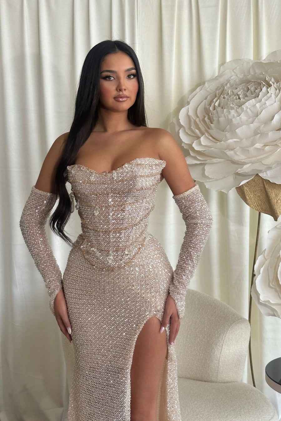 Chic Sequins Strapless Sleeveless Long Split Prom Dress With Outer Sleeves