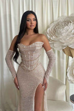 Chic Sequins Strapless Sleeveless Long Split Prom Dress With Outer Sleeves