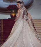 V-Neck Tulle Lace Long Mermaid Wedding Dress with Detachable Train BM bride