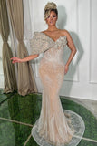 Luxurious Champagne Long Mermaid Evening Dress with Asymmetric Bead Embroidery BM bride