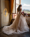 Sweetheart Backless Train A-Line Wedding Dress with Tulle and Floral Lace BM bride