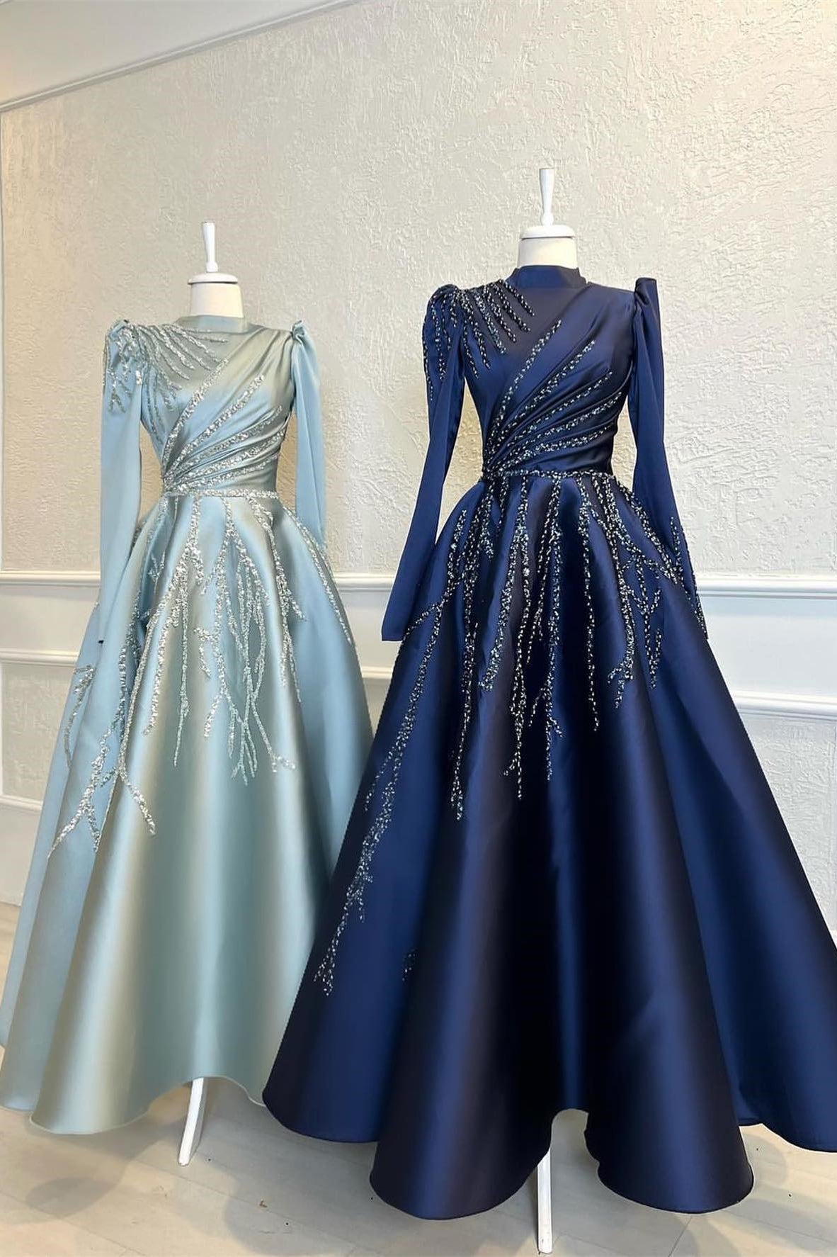 High Collar Long Sleeves A-Line Prom Dress with Beads, Pleated, and Appliques BM bride