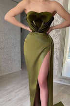 Olive Green Strapless Mermaid Evening Dress with Split BM bride