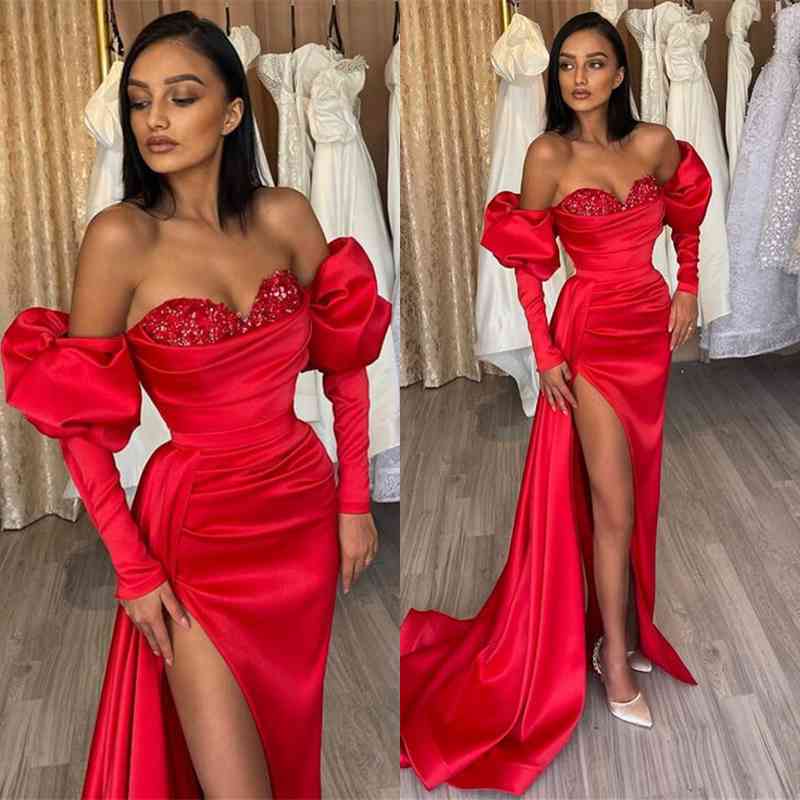 Gorgeous Red Off-the-Shoulder Half-Sleeve Sequined Evening Dress with Bubble Sleeves and Slit BM bride