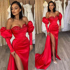 Gorgeous Red Off-the-Shoulder Half-Sleeve Sequined Evening Dress with Bubble Sleeves and Slit BM bride