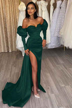 Red Off The Shoulder Mermaid Split Prom Dress Sweetheart With Diamond Appliques
