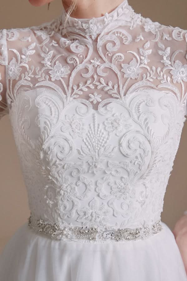 Modest A-Line High Neck Long Sleeve Wedding Dress with Tulle Lace BM bride