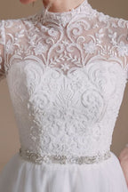 Modest A-Line High Neck Long Sleeve Wedding Dress with Tulle Lace BM bride