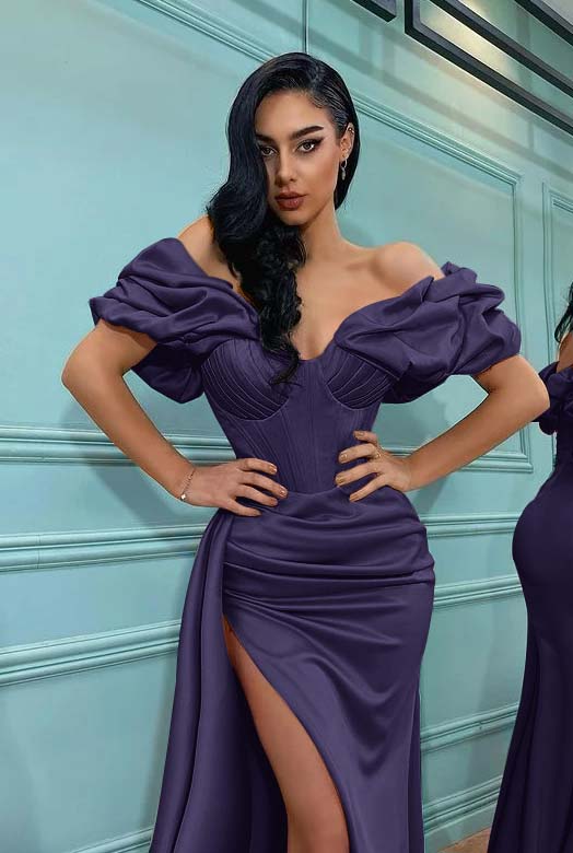 Pink Mermaid Off the Shoulder Sweetheart High Split Prom Dress With Pleated BMBRIDE