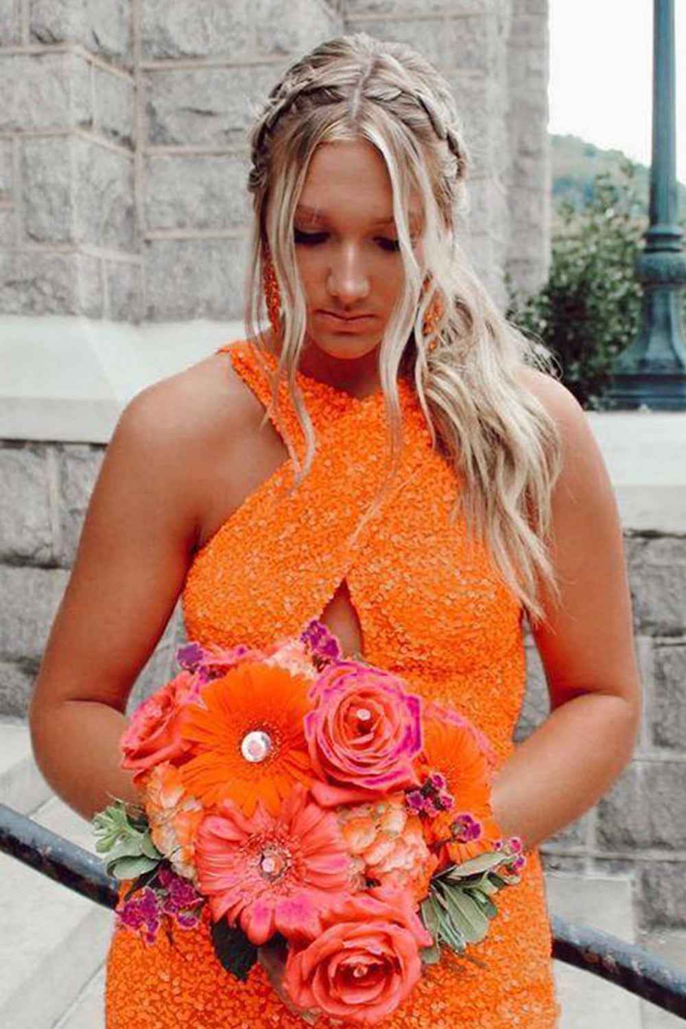 Glitter Orange Halter Backless Sequins Tight Homecoming Dress Bmbride