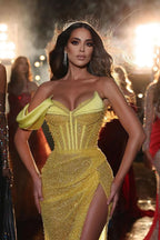 Yellow One Shoulder Sequins Mermaid Evening Dress with Sweetheart and Slit BM bride