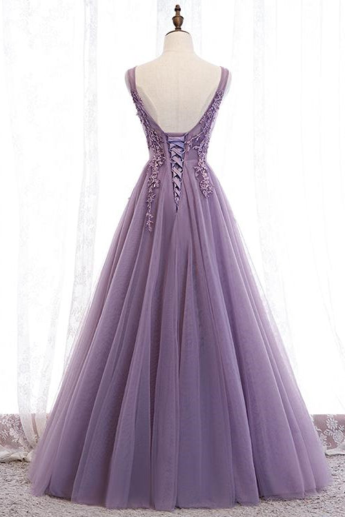 Glamorous Purple V Neck Sleeveless Long A Line Prom Dress With Appliques