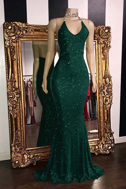 Glamorous Halter Neck Mermaid Sleeveless Red Long Prom Dress With Sequins BMBRIDE