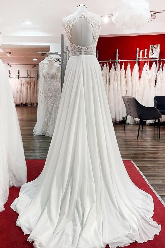 Long Satin A-line Wedding Dress Jewel Open Back With Ruffles Appliques BM bride