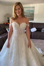 A-Line Off-the-Shoulder Lace Wedding Dress with Beaded Appliques BM bride