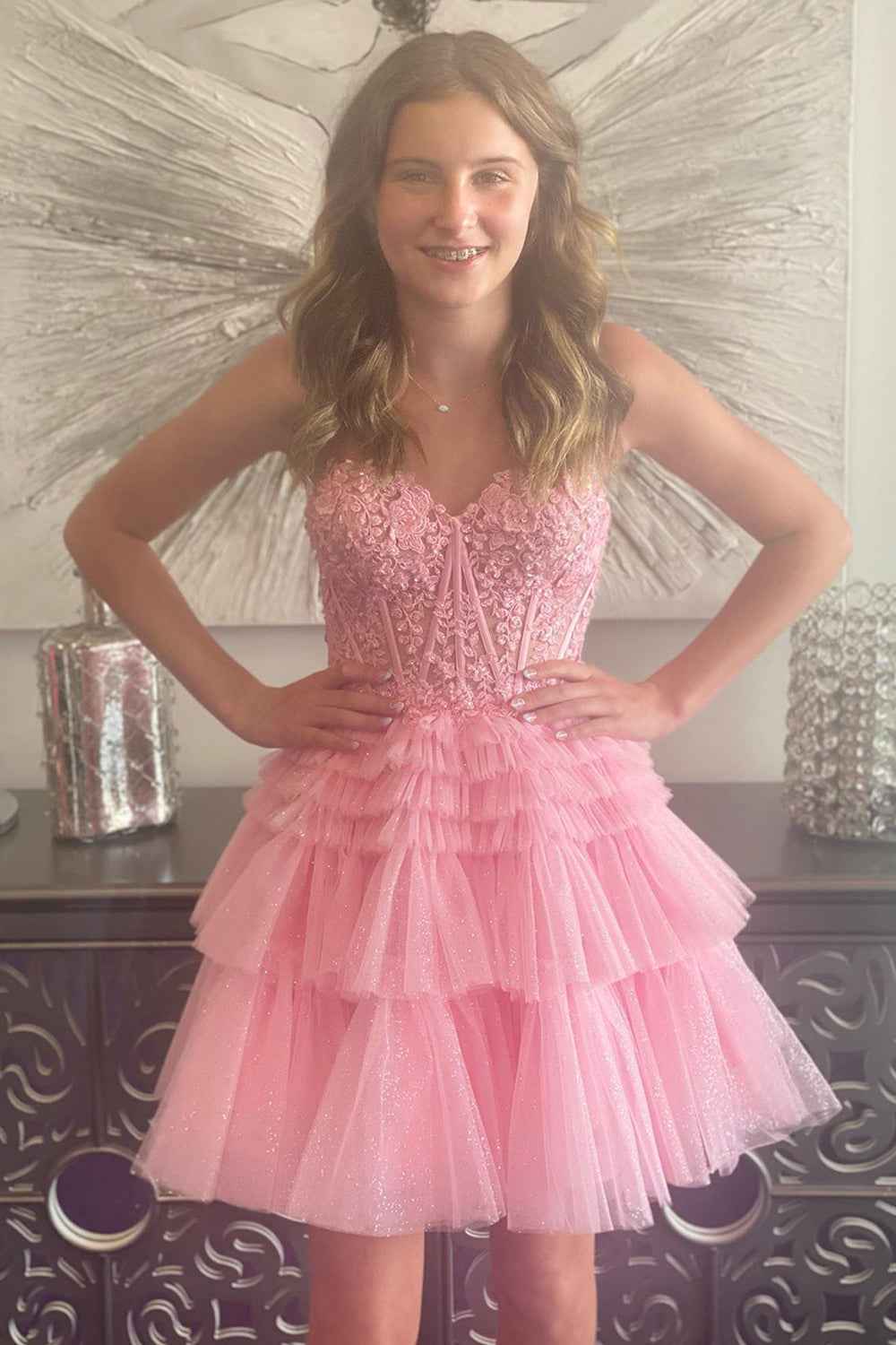Sparkly Pink Corset Tiered Short A-Line Tulle Homecoming Dress with Lace Bmbride