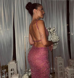 Sexy Pink Round Neck Sequin Prom Dress BM bride