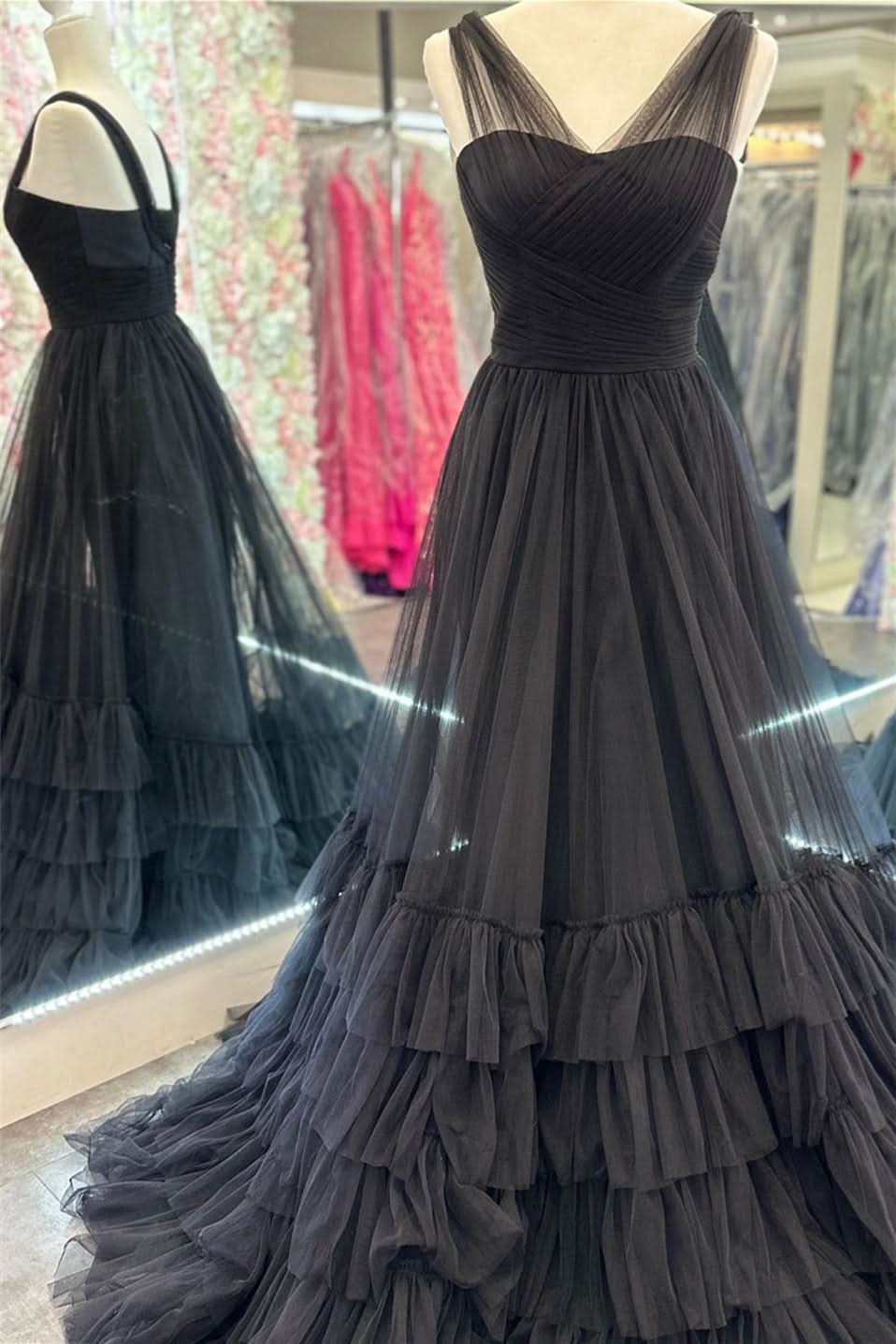 Lovely A-Line Illusion V Neck Layers Tulle Prom Dress BM bride