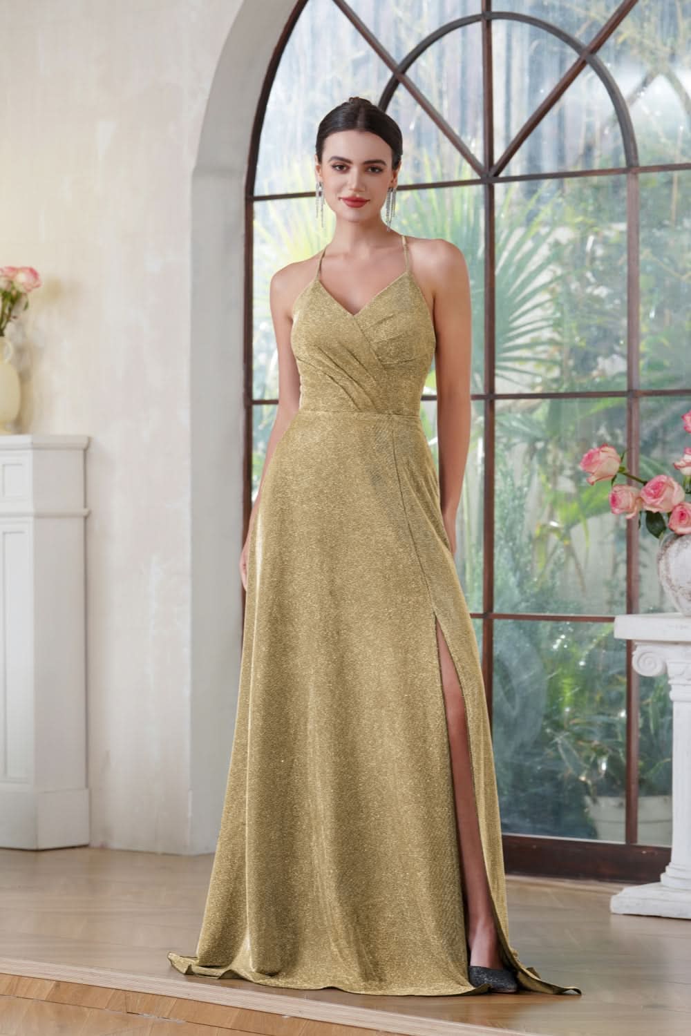 Halter Shiny Silk Long Prom Dress V-Neck Pleated Side Slit Party Dress with Pocket BMbride