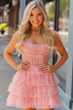 Light Blue Corset Strapless A-Line Tiered Short Homecoming Dress Bmbride