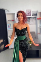 Green Off-the-Shoulder Evening Dress with Belt and Sequin BM bride
