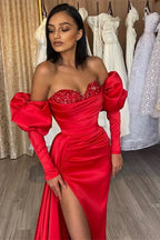 Gorgeous Red Off-the-Shoulder Half-Sleeve Sequined Evening Dress with Bubble Sleeves and Slit BM bride
