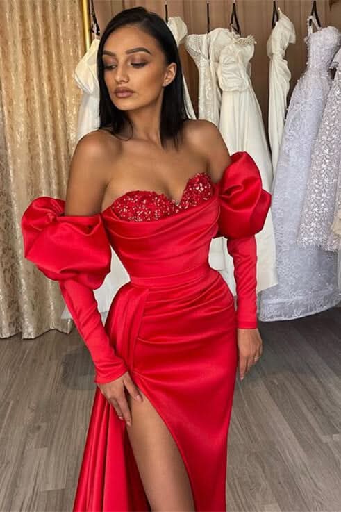Gorgeous Red Off-the-Shoulder Half-Sleeve Sequined Evening Dress with Bubble Sleeves and Slit BM bride