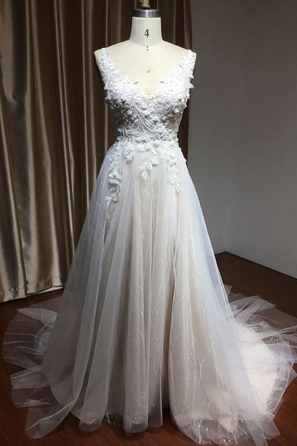 Floral Applique A-Line Wedding Dress with Side Split and Backless Design BM bride