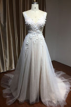Floral Applique A-Line Wedding Dress with Side Split and Backless Design BM bride