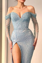 Blue Long Sleeves Off-The-Shoulder Sweetheart Sequins Mermaid Evening Dress with Split BM bride